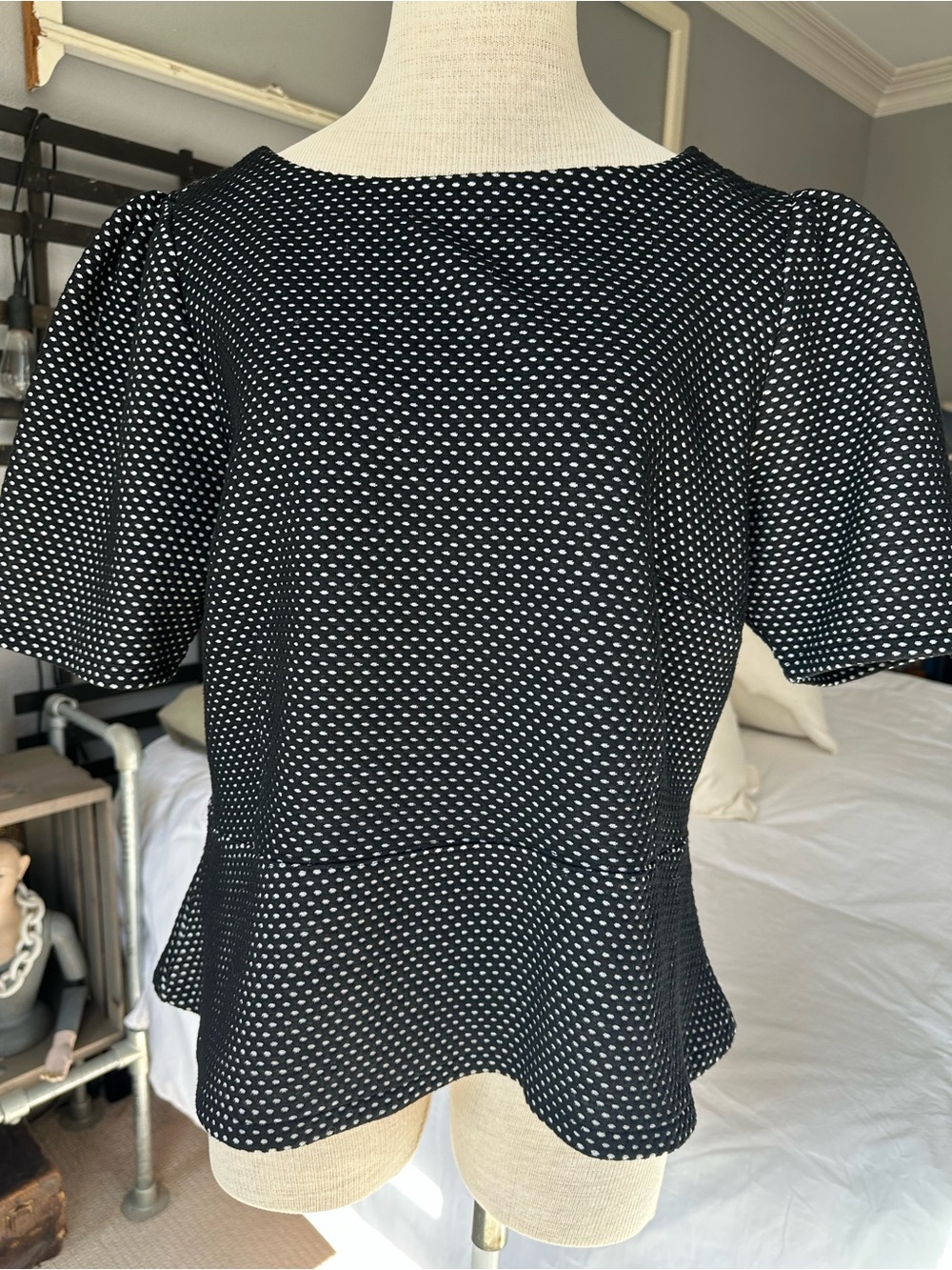 Ann Taylor Factory Black and White Polka Dot Peplum Top, size XL